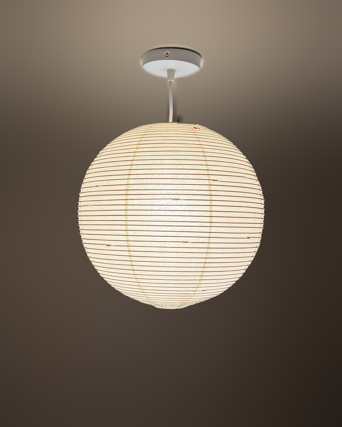 Isamu Noguchi AKARI 33A pendant lamp, lit: round natural white washi paper shade on bamboo ribbing, 33 cm across