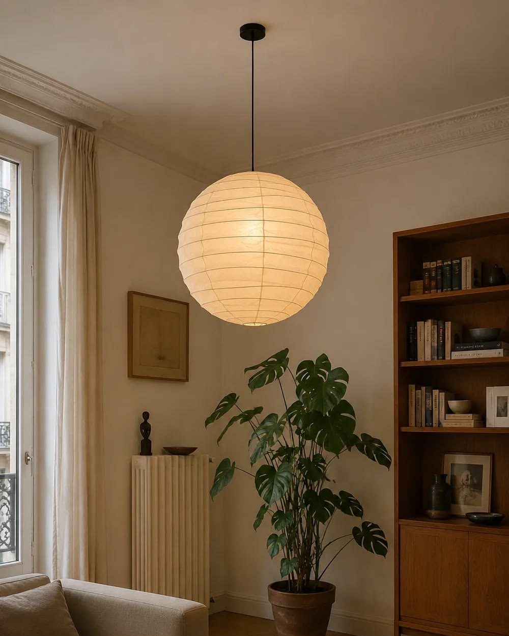 Isamu Noguchi AKARI 45D pendant lamp, lit, in a living room with a sofa, plant and bookcase: round natural white washi shade on bamboo ribbing, 45 cm across